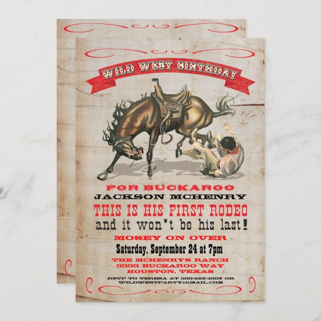 Cowboy Western 1st Birthday Party Invitations (Front/Back)