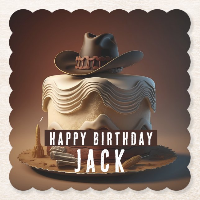 Cowboy Western Birthday Paper Coaster Rustic Cake (Front)