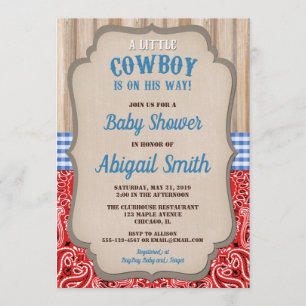 Cowboy western blue red bandanna rustic baby showe invitation