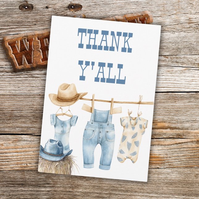 Cowboy Western Clothesline Blue Boy Baby Shower Thank You Card (Creator Uploaded)