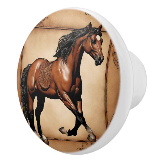Cowboy Western Country Equestrian Brown Horse  Ceramic Knob (Right)
