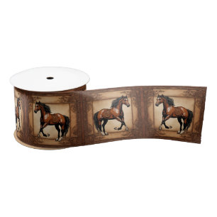 Cowboy Western Country Equestrian Brown Horse Satin Ribbon