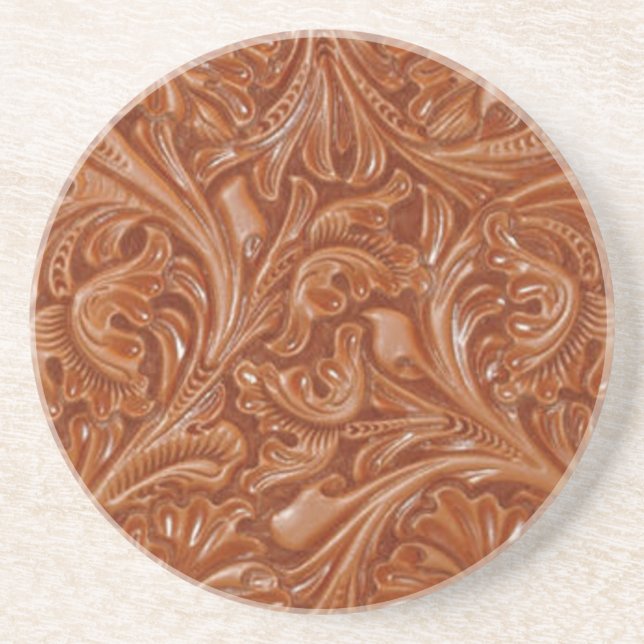 cowboy western country pattern tooled leather coaster (Front)