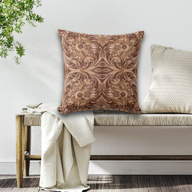 cowboy western country pattern tooled leather cushion (Creator Uploaded)