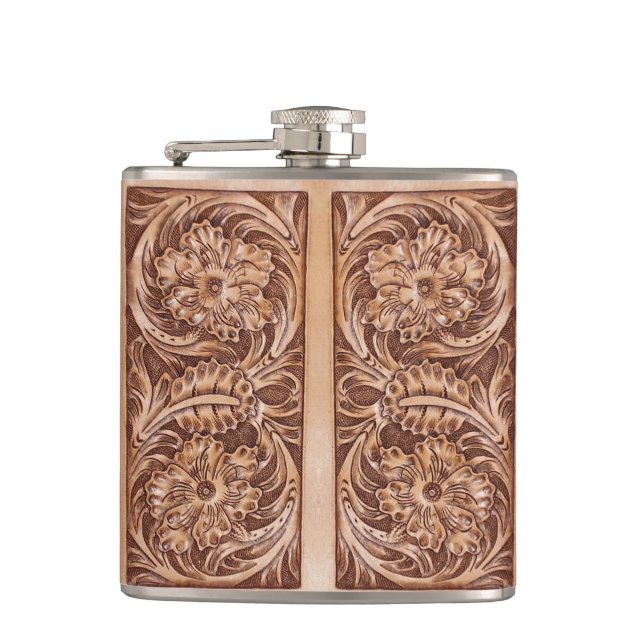 cowboy western country pattern tooled leather hip flask (Front)