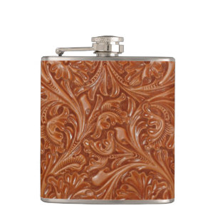 cowboy western country pattern tooled leather hip flask