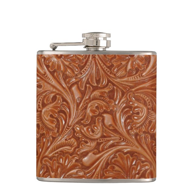 cowboy western country pattern tooled leather hip flask (Front)