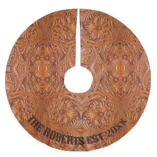Cowboy western country tooled leather family name brushed polyester tree skirt