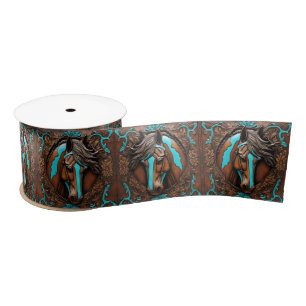 Cowboy Western Country Turquoise Blue Brown Horse Satin Ribbon