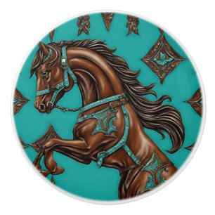 Cowboy Western Country Turquoise Brown Horse Ceramic Knob