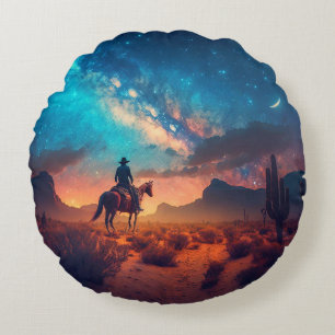 Cowboy Western Desert Night Ride Cactus Round Cushion
