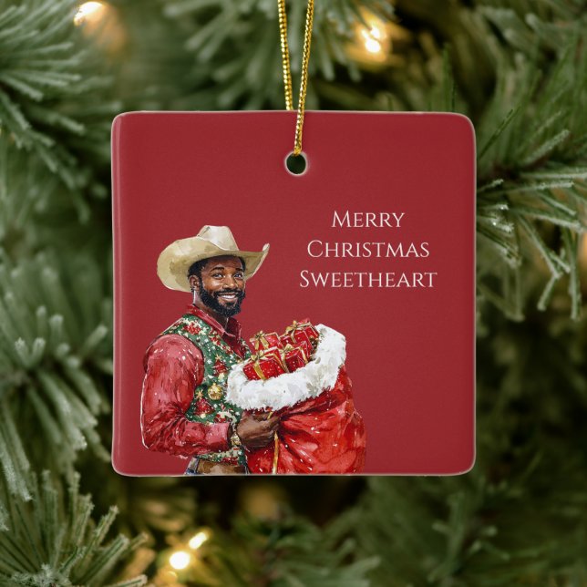 Cowboy Western Hat Black Man Christmas   Ceramic Ornament (Tree)