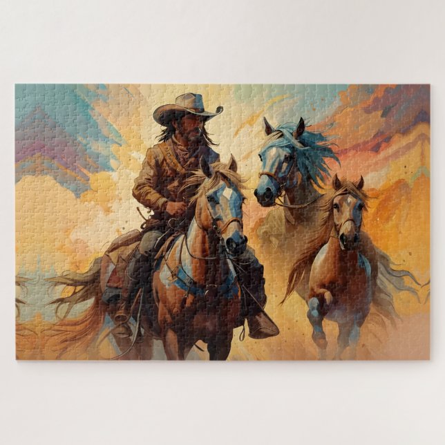 Cowboy Western Horses blue Tan Collage Jigsaw Puzzle (Horizontal)