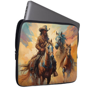Cowboy Western Horses blue Tan Collage Laptop Sleeve