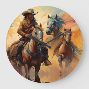 Cowboy Western Horses blue Tan Collage Large Clock