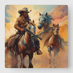 Cowboy Western Horses blue Tan Collage Square Wall Clock
