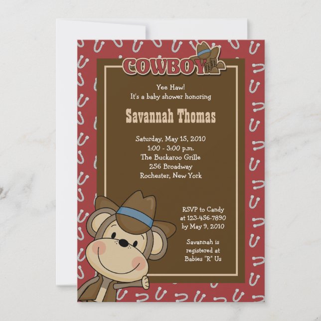 Cowboy Western Monkey 5x7 Baby Shower Invitation (Front)