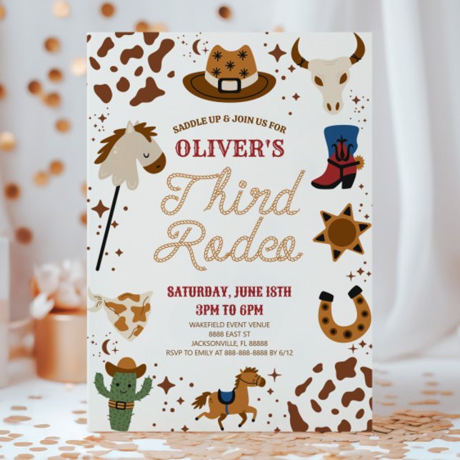 Cowboy Western My Third Rodeo 3rd Birthday Party Invitation (Creator Uploaded)