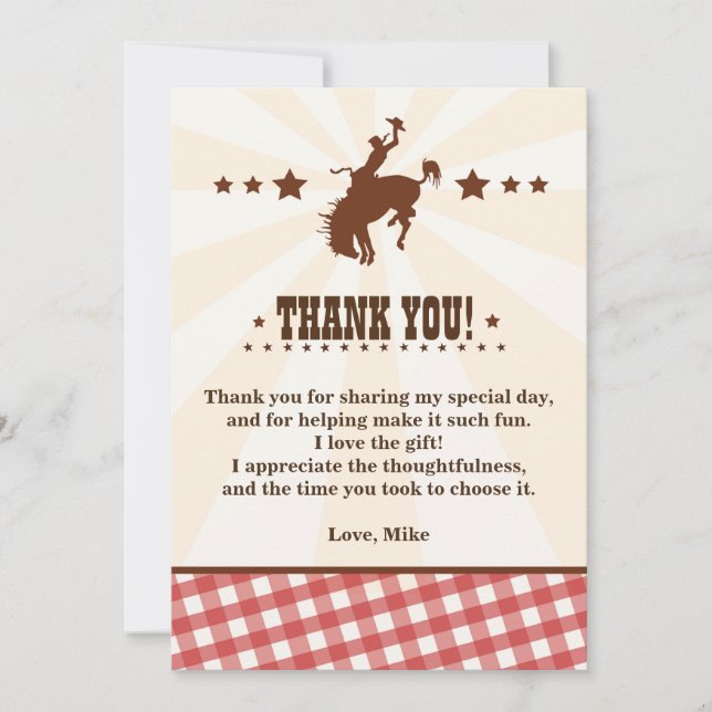 Cowboy Western Rodeo Birthday Thank You Card (Front)