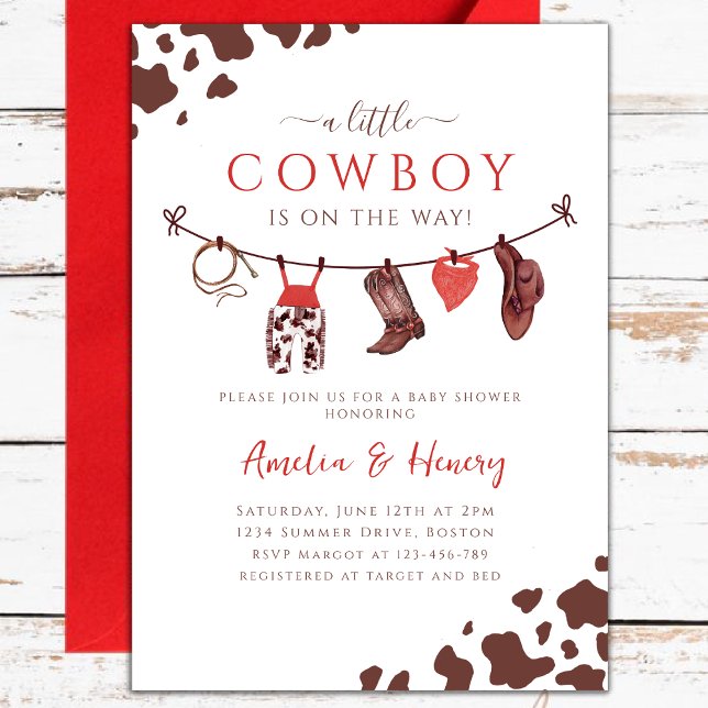 Cowboy Wild West Rodeo Western red Baby Shower Invitation (Creator Uploaded)