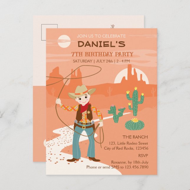 Cowboy with a lasso and cacti kids Birthday Party Invitation Postcard (Front/Back)