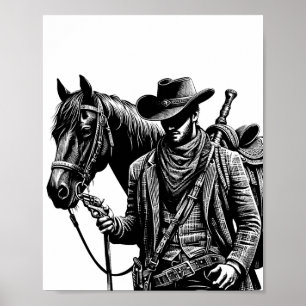 Cowboy with horse illustration western art poster