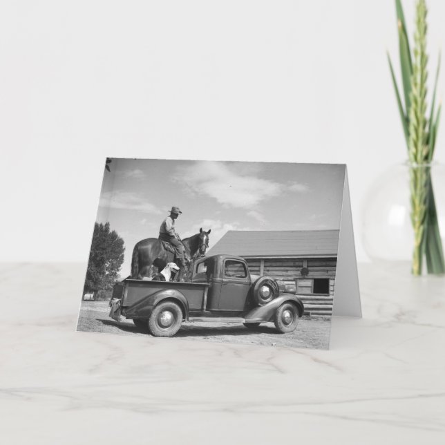 Cowboy with horse in a truck card (Front)