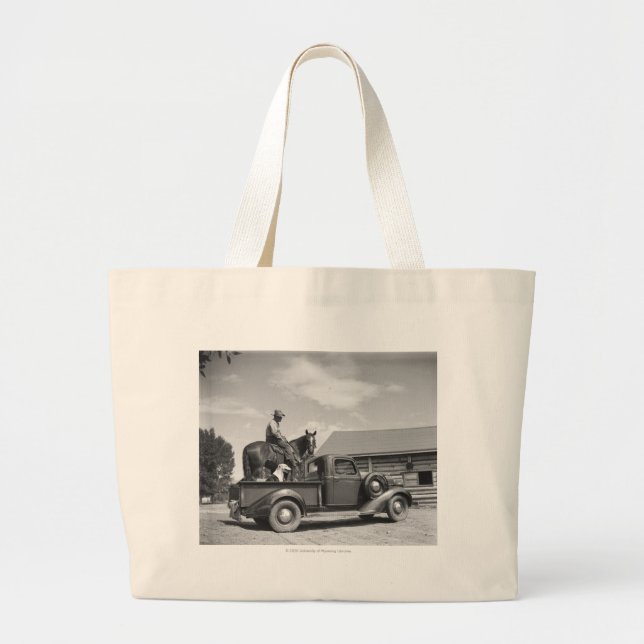 Cowboy with horse in a truck large tote bag (Front)