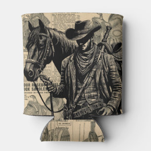 Cowboy with horse saddles western art can cooler