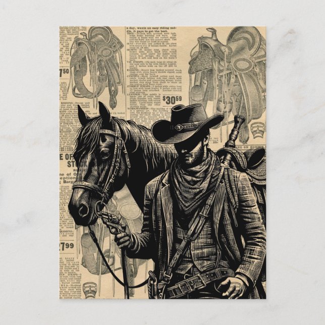 Cowboy with horse saddles western art postcard (Front)