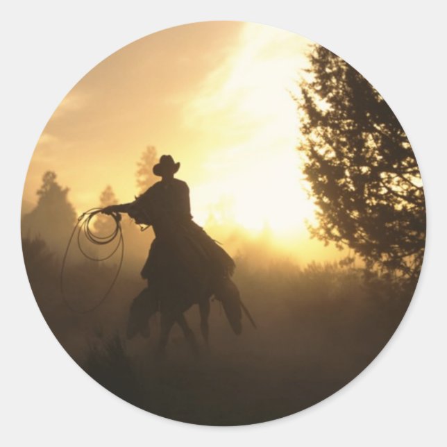 Cowboy with Lasso in Sunset Classic Round Sticker (Front)