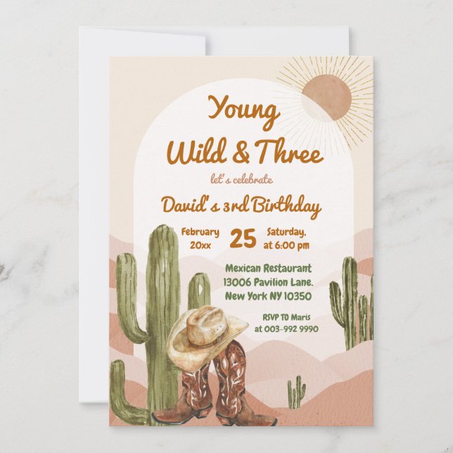 Cowboy Young Wild and Three Desert Birthday Invitation (Front)