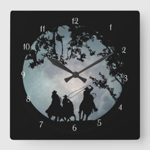 Cowboys and Horses Roping Big Full Moon Square Wall Clock
