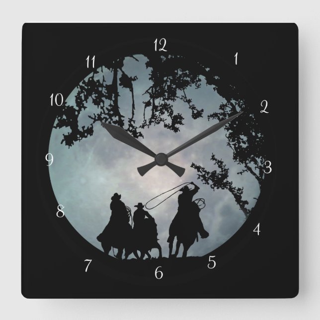 Cowboys and Horses Roping Big Full Moon Square Wall Clock (Front)