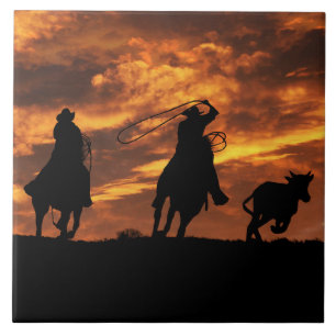 Cowboys and Horses Roping Steer Ceramic Tile