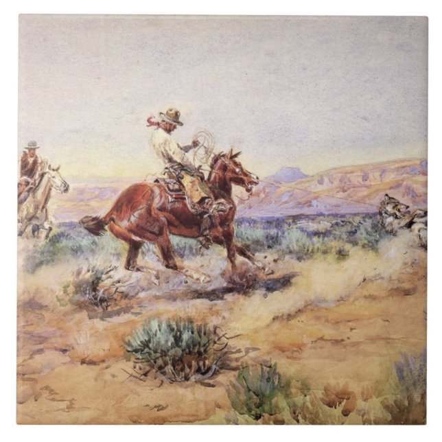 Cowboys Catching a Wolf with a Rope Lasso Ceramic Tile (Front)