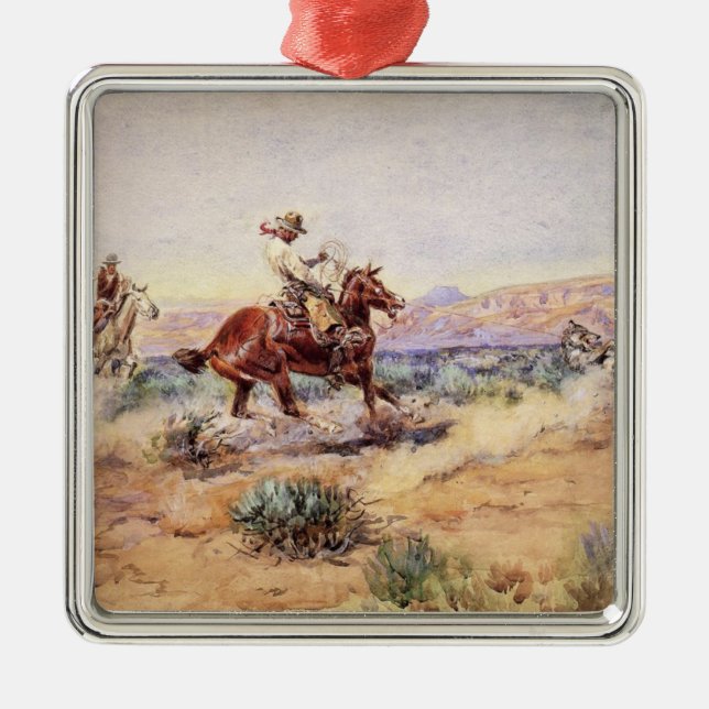 Cowboys Catching a Wolf with a Rope Lasso Metal Ornament (Front)
