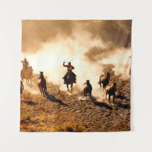 Cowboys chasing wilding horses. roping and riding, tapestry
