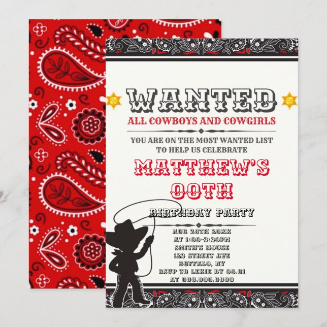 Cowboys & Cowgirls Bandanna Birthday Party Invites (Front/Back)
