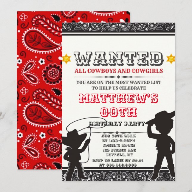 Cowboys & Cowgirls Bandanna Birthday Party Invites (Front/Back)