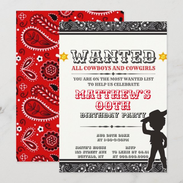 Cowboys & Cowgirls Bandanna Birthday Party Invites (Front/Back)