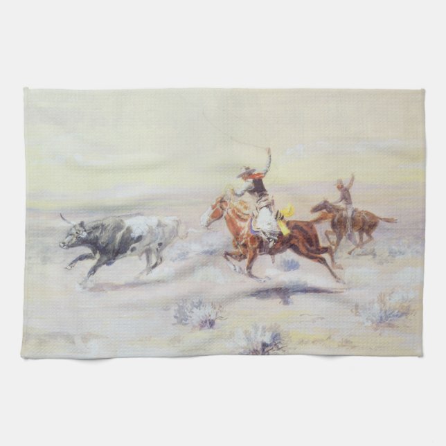 Cowboys from the Bar Triangle by CM Russell Tea Towel (Horizontal)