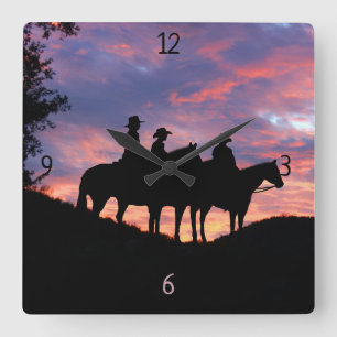 Cowboys Horses and Sunset Square Wall Clock
