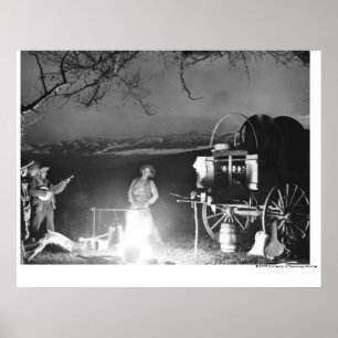 Cowboys playing and singing around a campfire poster