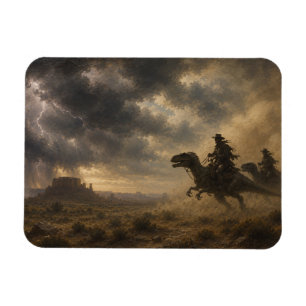Cowboys Riding Dinosaurs Through a Desert Storm Magnet