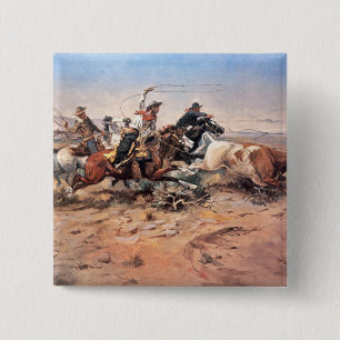 Cowboys roping a steer, 1897 (oil on canvas) 15 cm square badge