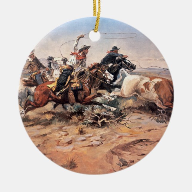 Cowboys roping a steer, 1897 (oil on canvas) ceramic tree decoration (Front)