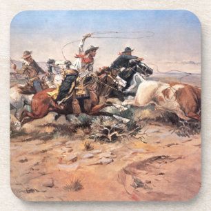 Cowboys roping a steer, 1897 (oil on canvas) coaster