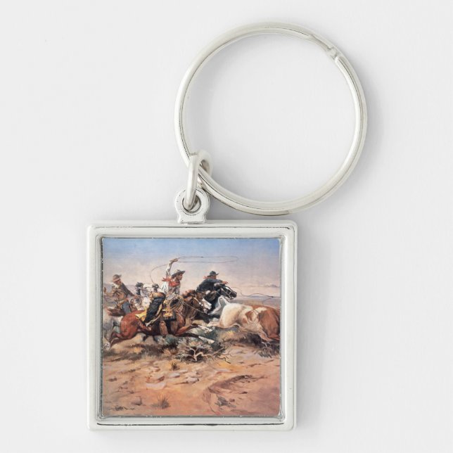 Cowboys roping a steer, 1897 (oil on canvas) key ring (Front)