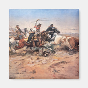 Cowboys roping a steer, 1897 (oil on canvas) magnet